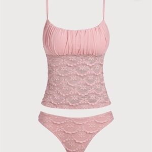 Pink Ruched Hallow Mesh Lace Tankini Set